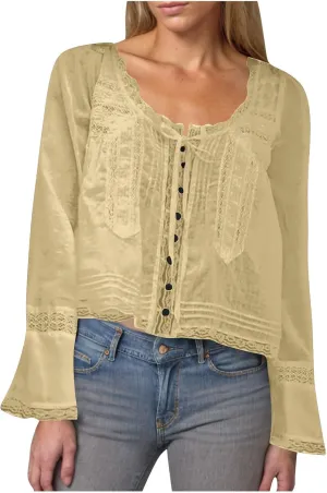 Women's Fashion Boho Chiffon Shirts Lace Hollow Out Button Down Long Sleeves Cardigan Y2k Crop Tops Vacation Tops