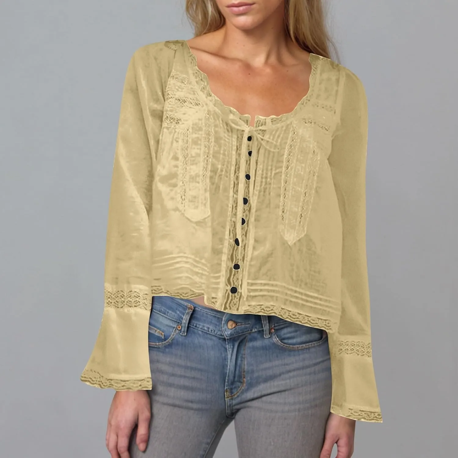 Women's Fashion Boho Chiffon Shirts Lace Hollow Out Button Down Long Sleeves Cardigan Y2k Crop Tops Vacation Tops