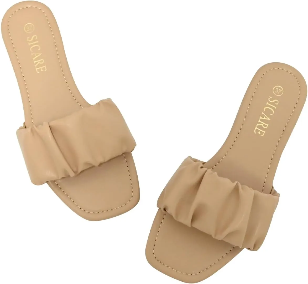 Women's Flat Sandals Comfortable Casual Square Open Toe Slide Sandals Trendy Flexiable Strap Summer Beach Sandals Cute Slip On Dressy Mlue Black White Nude Sandals
