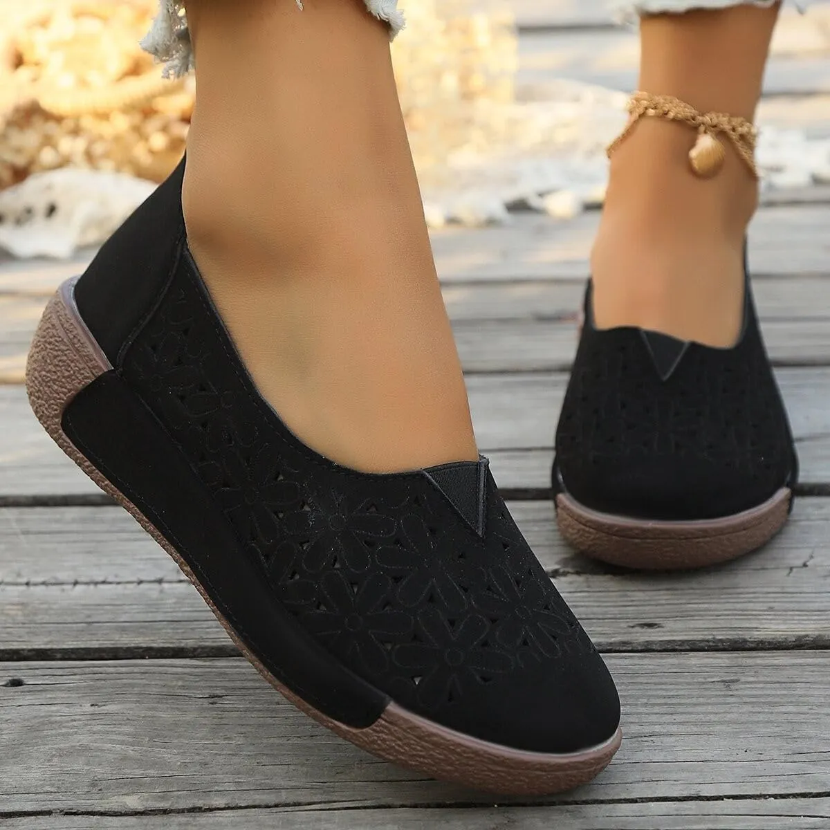 Women's Floral Ballet Flat Flats Shoes Slip On Flowers Round Toe Casual Dress Hollow Hole Summer Comfortable Work Office Fashion Trendy with Eyelets Cutout Comfort Rubber Sole Lazy Loafers