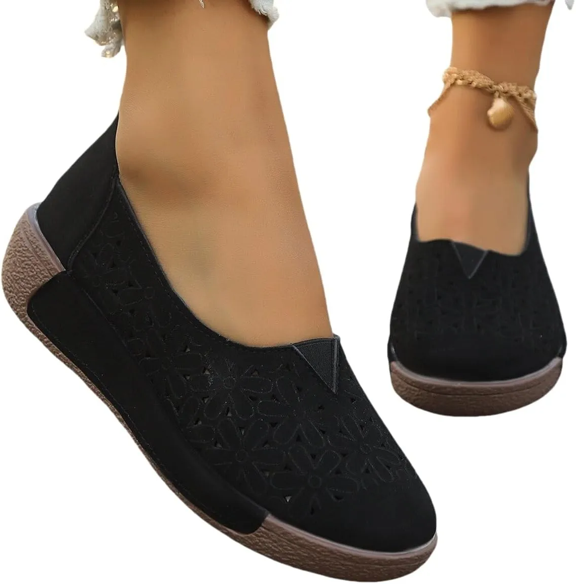 Women's Floral Ballet Flat Flats Shoes Slip On Flowers Round Toe Casual Dress Hollow Hole Summer Comfortable Work Office Fashion Trendy with Eyelets Cutout Comfort Rubber Sole Lazy Loafers