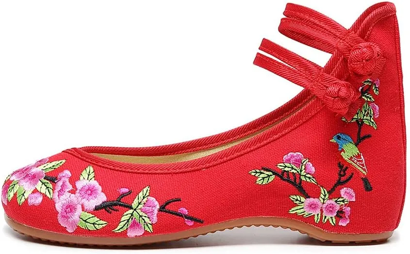 Women's Floral Embroidered Flat Shoes Chinese Traditional Strap Walking Mary Jane Flats Handmade Flower Embroidery Dress Shoes for Cheongsam