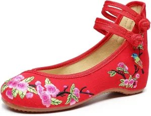 Women's Floral Embroidered Flat Shoes Chinese Traditional Strap Walking Mary Jane Flats Handmade Flower Embroidery Dress Shoes for Cheongsam