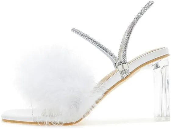 Womens Fluffy Heel Sandals Square Toe Clear Chunky High Heel Fuzzy Mules Double Rhinestone Strap Feather Furry Heels Wedding Evening Prom Party Dress Shoes