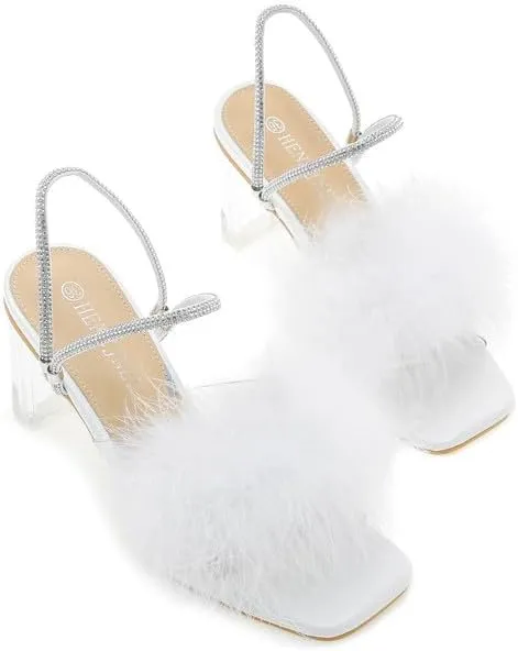 Womens Fluffy Heel Sandals Square Toe Clear Chunky High Heel Fuzzy Mules Double Rhinestone Strap Feather Furry Heels Wedding Evening Prom Party Dress Shoes