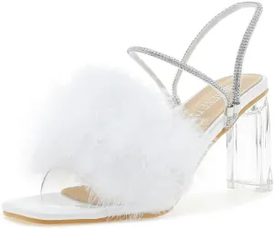 Womens Fluffy Heel Sandals Square Toe Clear Chunky High Heel Fuzzy Mules Double Rhinestone Strap Feather Furry Heels Wedding Evening Prom Party Dress Shoes