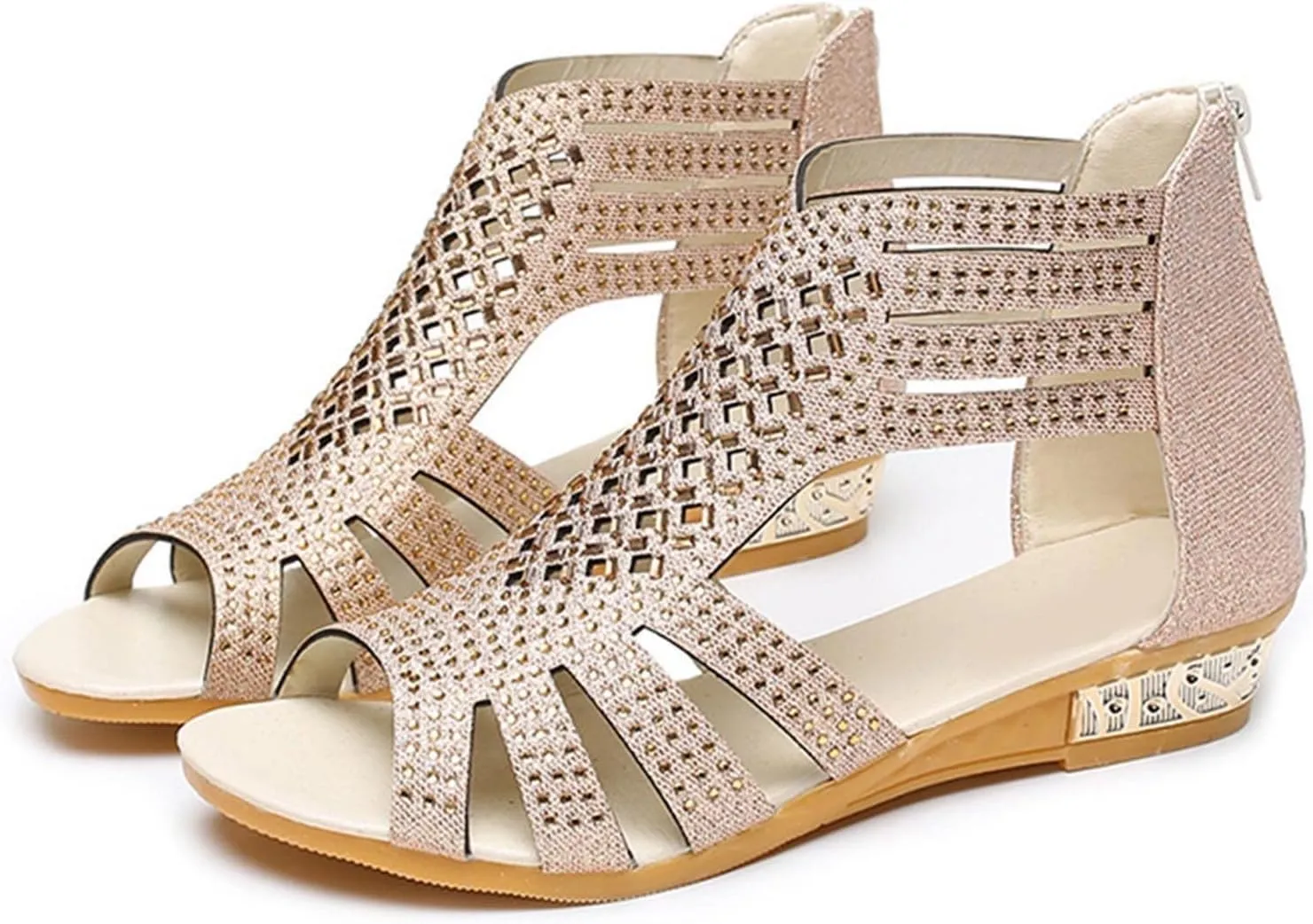Women's Glitter Sandals with Zipper Ankle Strap Wedge Flat Sandal Open Toe Roman Flats for Casual Summer Beach Wear