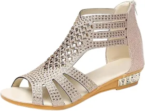 Women's Glitter Sandals with Zipper Ankle Strap Wedge Flat Sandal Open Toe Roman Flats for Casual Summer Beach Wear