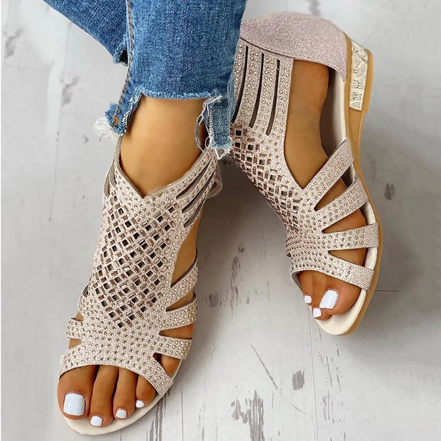 Women's Glitter Sandals with Zipper Ankle Strap Wedge Flat Sandal Open Toe Roman Flats for Casual Summer Beach Wear