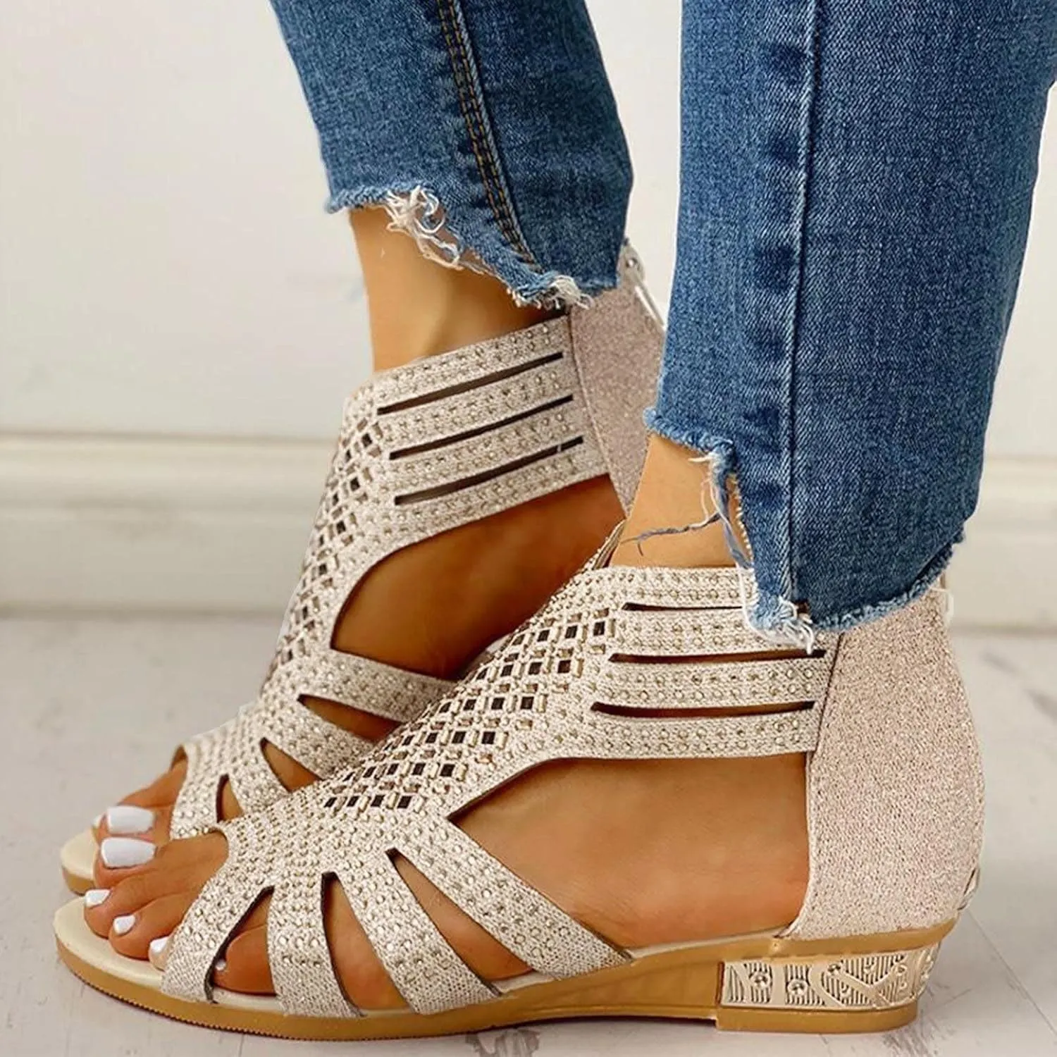 Women's Glitter Sandals with Zipper Ankle Strap Wedge Flat Sandal Open Toe Roman Flats for Casual Summer Beach Wear