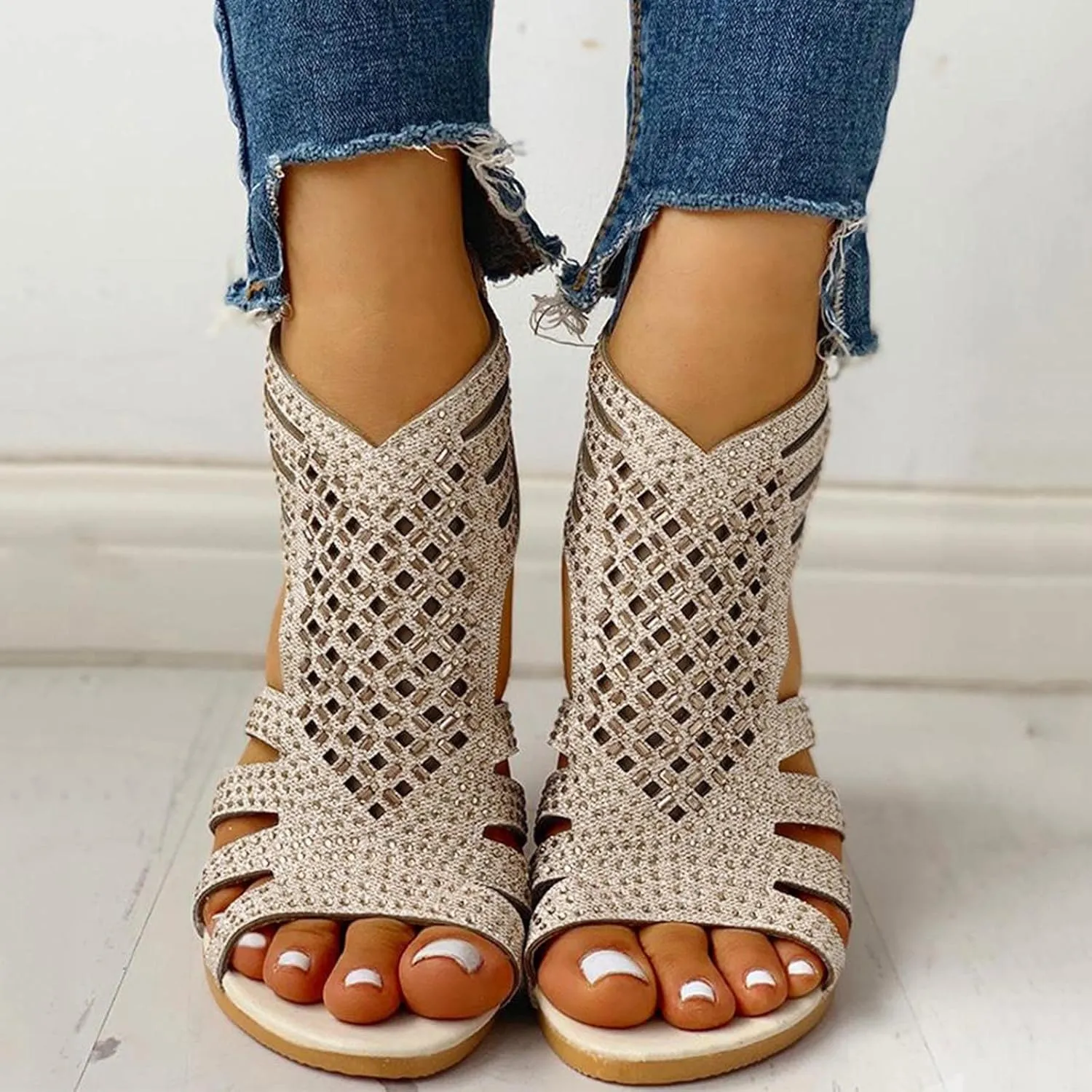 Women's Glitter Sandals with Zipper Ankle Strap Wedge Flat Sandal Open Toe Roman Flats for Casual Summer Beach Wear