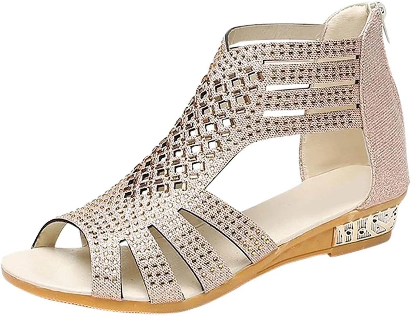 Women's Glitter Sandals with Zipper Ankle Strap Wedge Flat Sandal Open Toe Roman Flats for Casual Summer Beach Wear