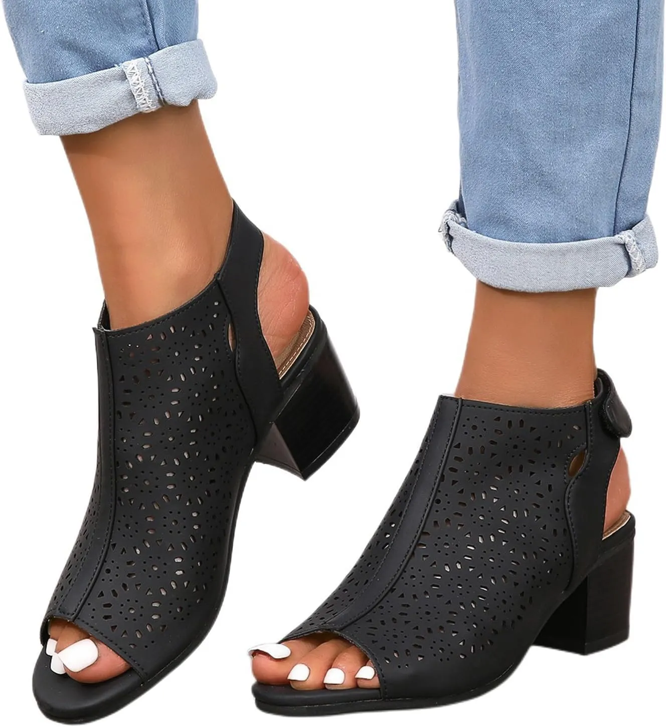 Womens Heeled Cutout Booties Summer Peep Toe Ankle Strap Chunky Heel Sandals Fashion Mid Block Heel Sandals for Women