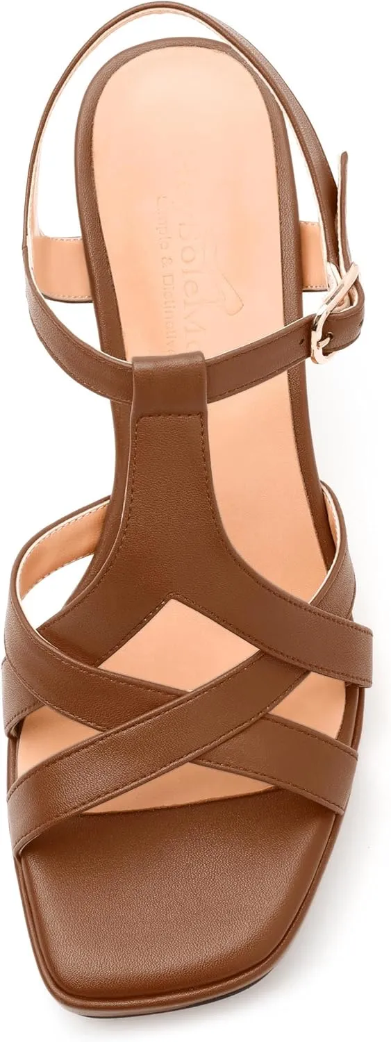 Womens Heeled Sandals, Square Open Toe Small Chunky Heel Platform Sandals for Women, Leather Insole T-strap Daily Comfort Dressy Sandals 3.3"