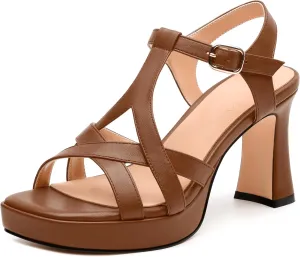Womens Heeled Sandals, Square Open Toe Small Chunky Heel Platform Sandals for Women, Leather Insole T-strap Daily Comfort Dressy Sandals 3.3"