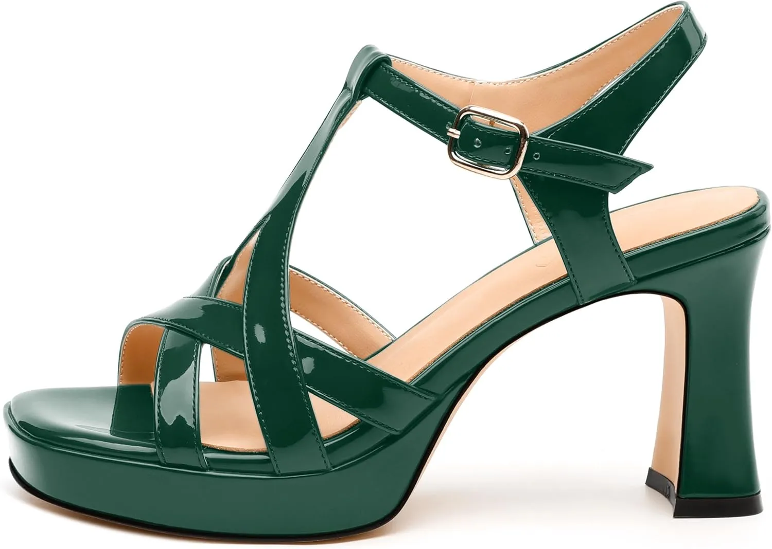 Womens Heeled Sandals, Square Toe Chunky Heel Platform Sandals for Women, Leather Insole T-Strap Sandals for Working, Wedding, Street, Party 3.3"