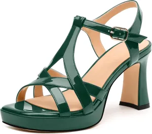 Womens Heeled Sandals, Square Toe Chunky Heel Platform Sandals for Women, Leather Insole T-Strap Sandals for Working, Wedding, Street, Party 3.3"