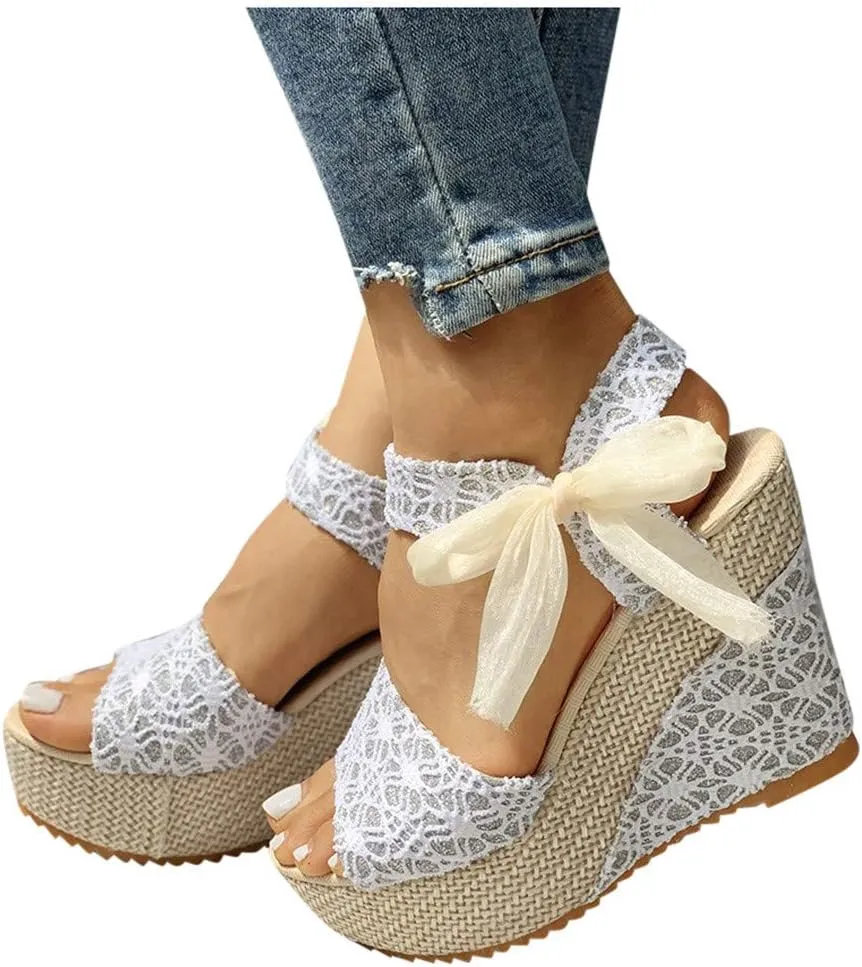 Women's Ladies Platform Wedges Heel Sandals Floral Flower Lace-up Shoes Footwear Girls Size 4 Sandals