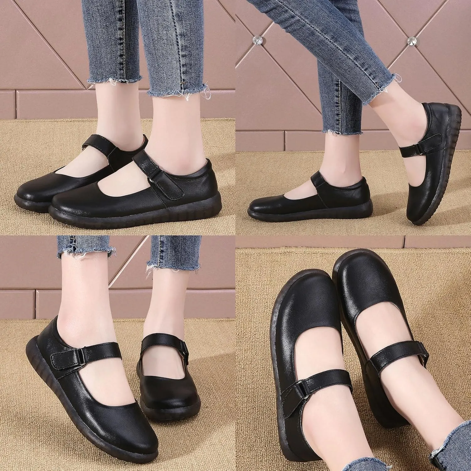 Women's Leather Mary Jane Flats with Adjustable Hook and Loop Closure Round Toe Casual Comfortable Slip On Soft Sole Ballet Flats Lightweight Mom Walking Shoes