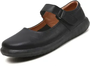Women's Leather Mary Jane Flats with Adjustable Hook and Loop Closure Round Toe Casual Comfortable Slip On Soft Sole Ballet Flats Lightweight Mom Walking Shoes