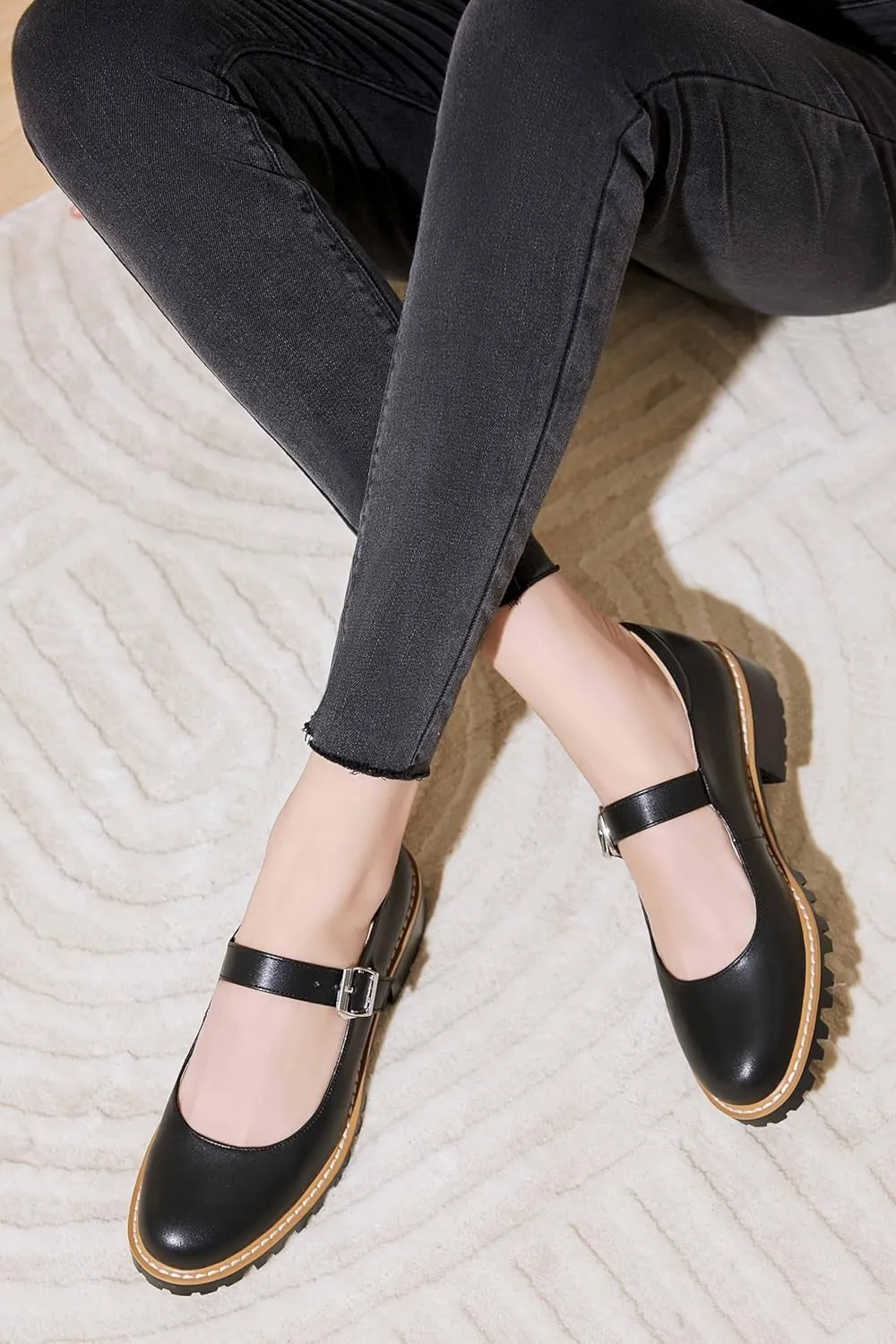 Women's Leather Oxford Mary Janes Shoes Flats Chunky Low Heels Platform Sewing Retro Classics Round Toe Ankle Strap