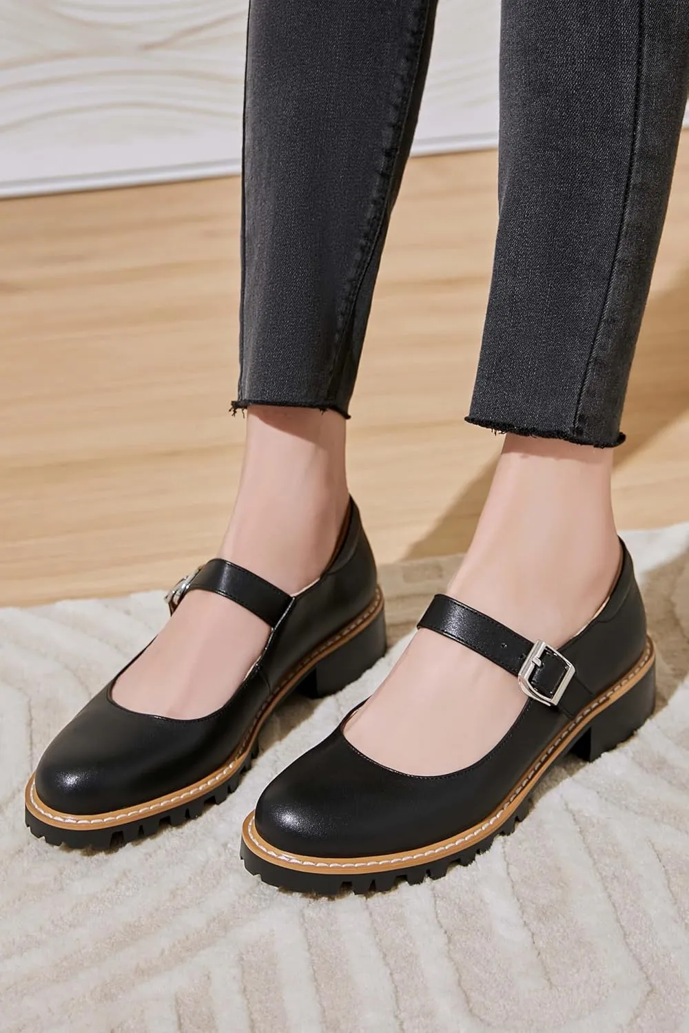 Women's Leather Oxford Mary Janes Shoes Flats Chunky Low Heels Platform Sewing Retro Classics Round Toe Ankle Strap
