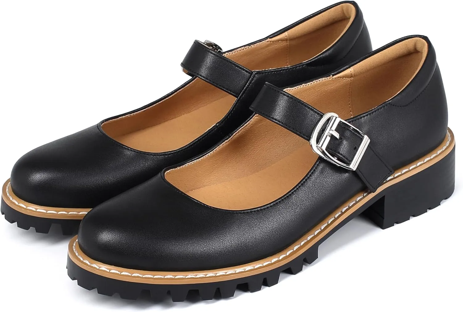 Women's Leather Oxford Mary Janes Shoes Flats Chunky Low Heels Platform Sewing Retro Classics Round Toe Ankle Strap