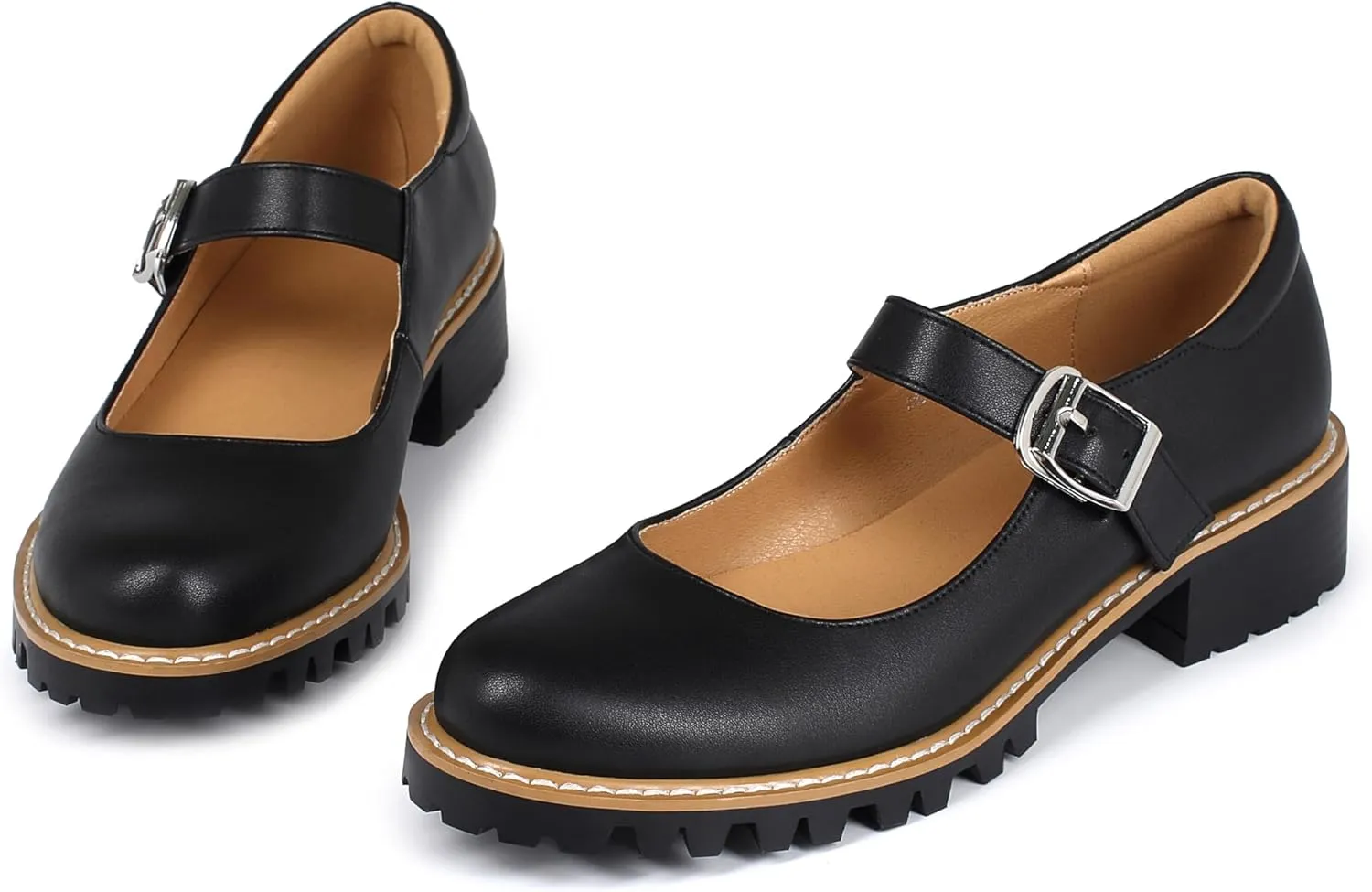 Women's Leather Oxford Mary Janes Shoes Flats Chunky Low Heels Platform Sewing Retro Classics Round Toe Ankle Strap