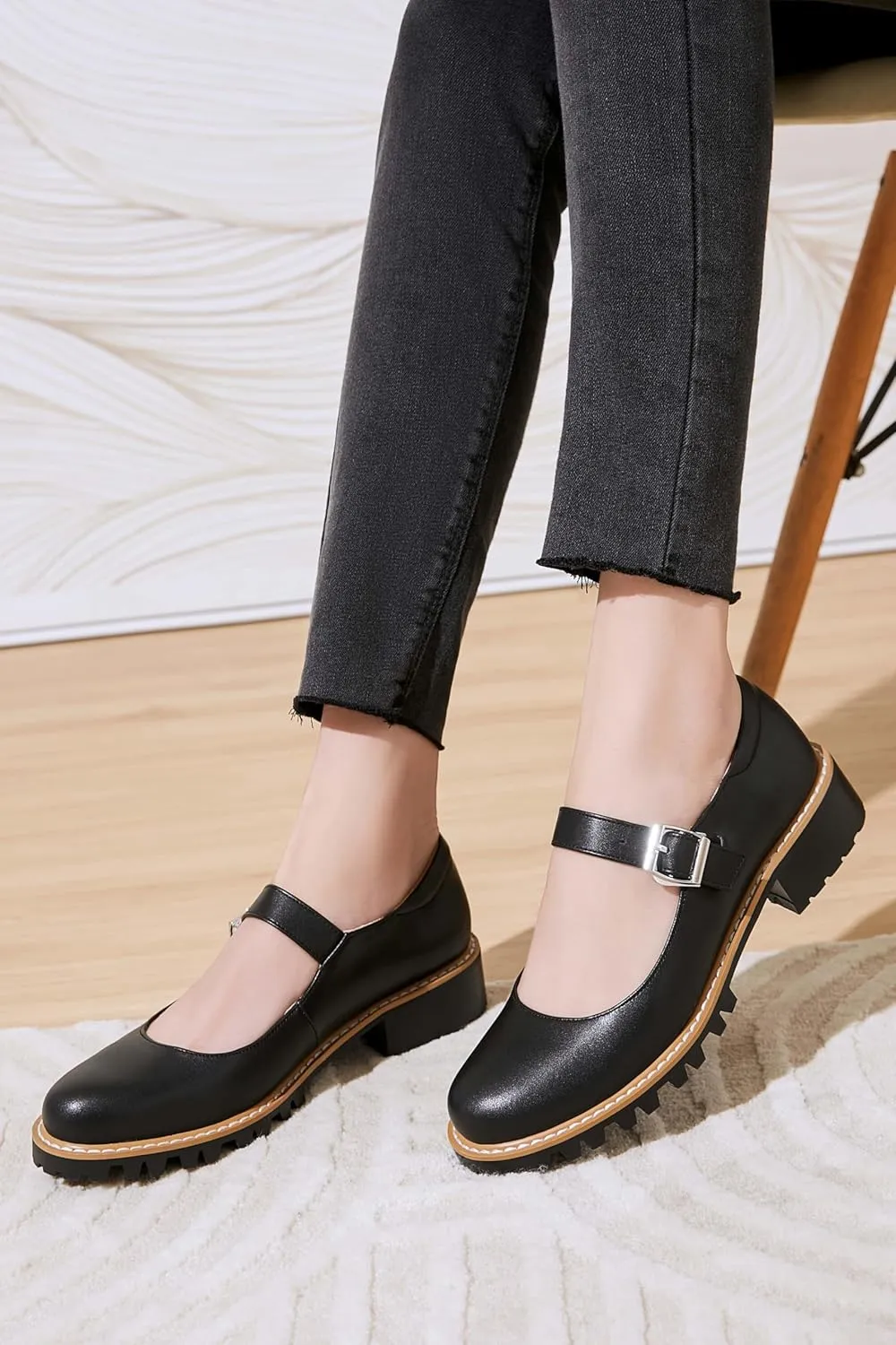 Women's Leather Oxford Mary Janes Shoes Flats Chunky Low Heels Platform Sewing Retro Classics Round Toe Ankle Strap
