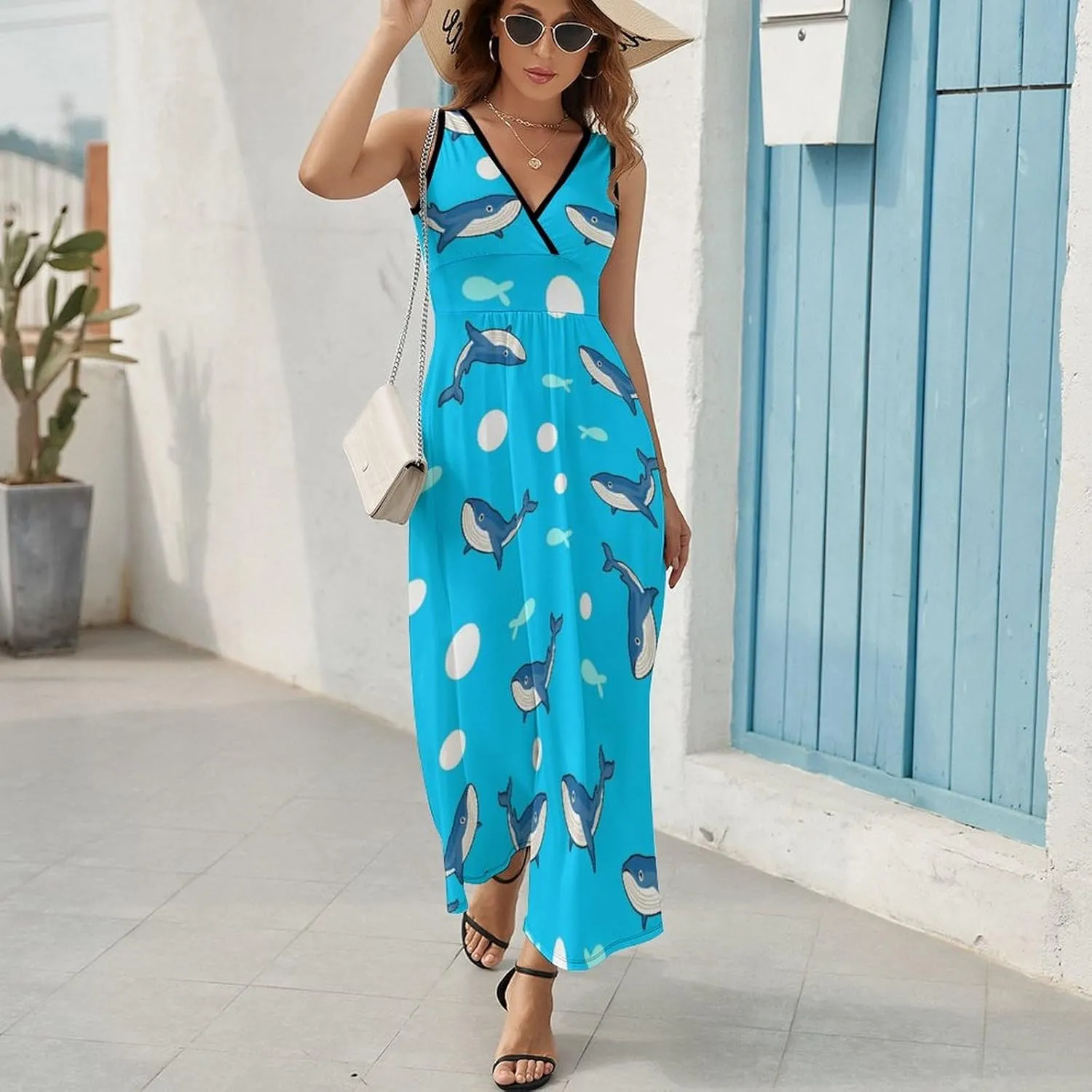 Women's Maxi Long Dress Cartoon Whale Ocean Casual Sleeveless Summer Beach Dress