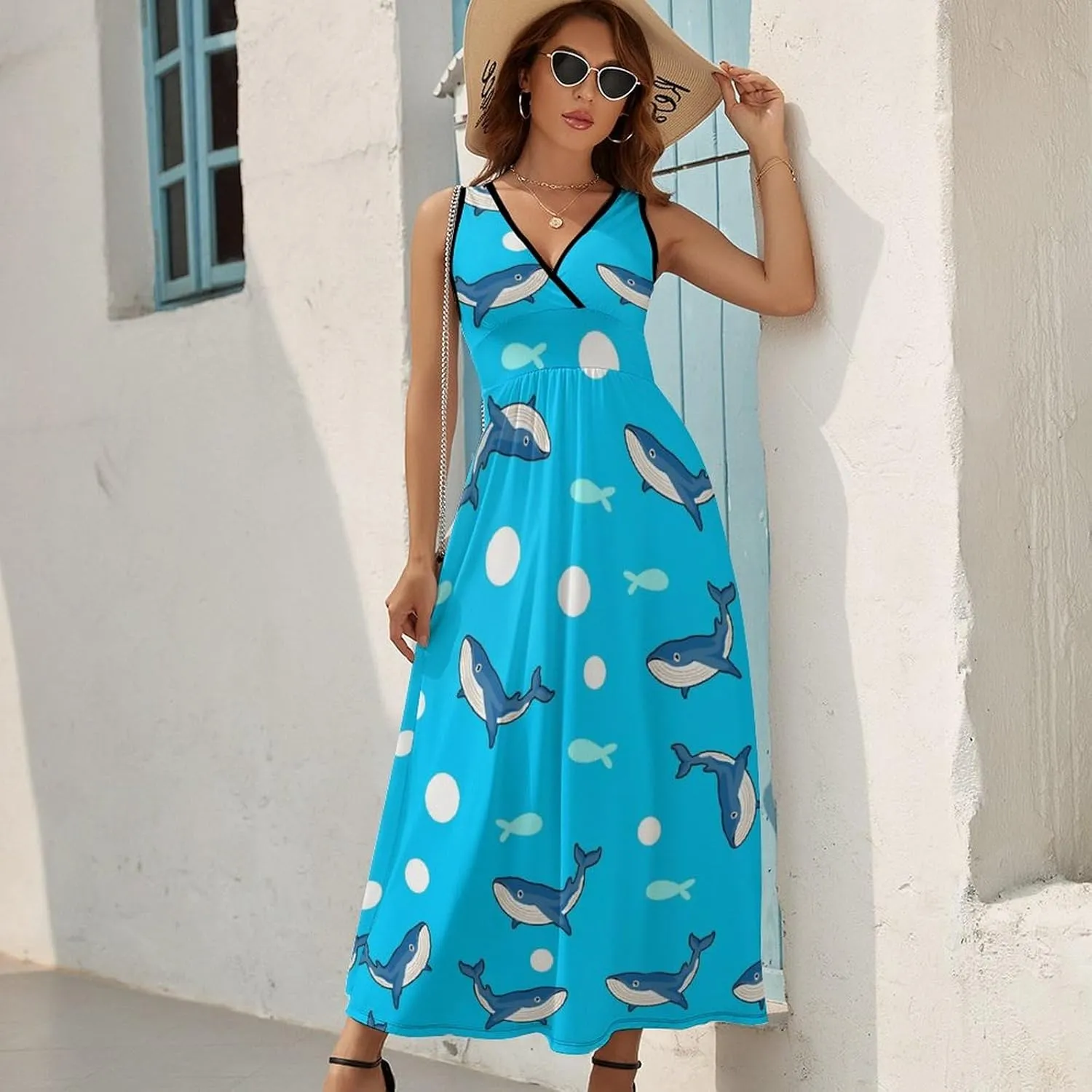 Women's Maxi Long Dress Cartoon Whale Ocean Casual Sleeveless Summer Beach Dress