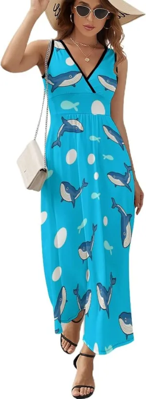 Women's Maxi Long Dress Cartoon Whale Ocean Casual Sleeveless Summer Beach Dress