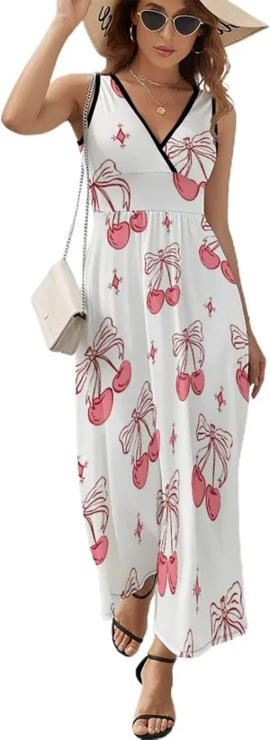 Women's Maxi Long Dress Cherry Hearts and Bows Casual Sleeveless Summer Beach Dress
