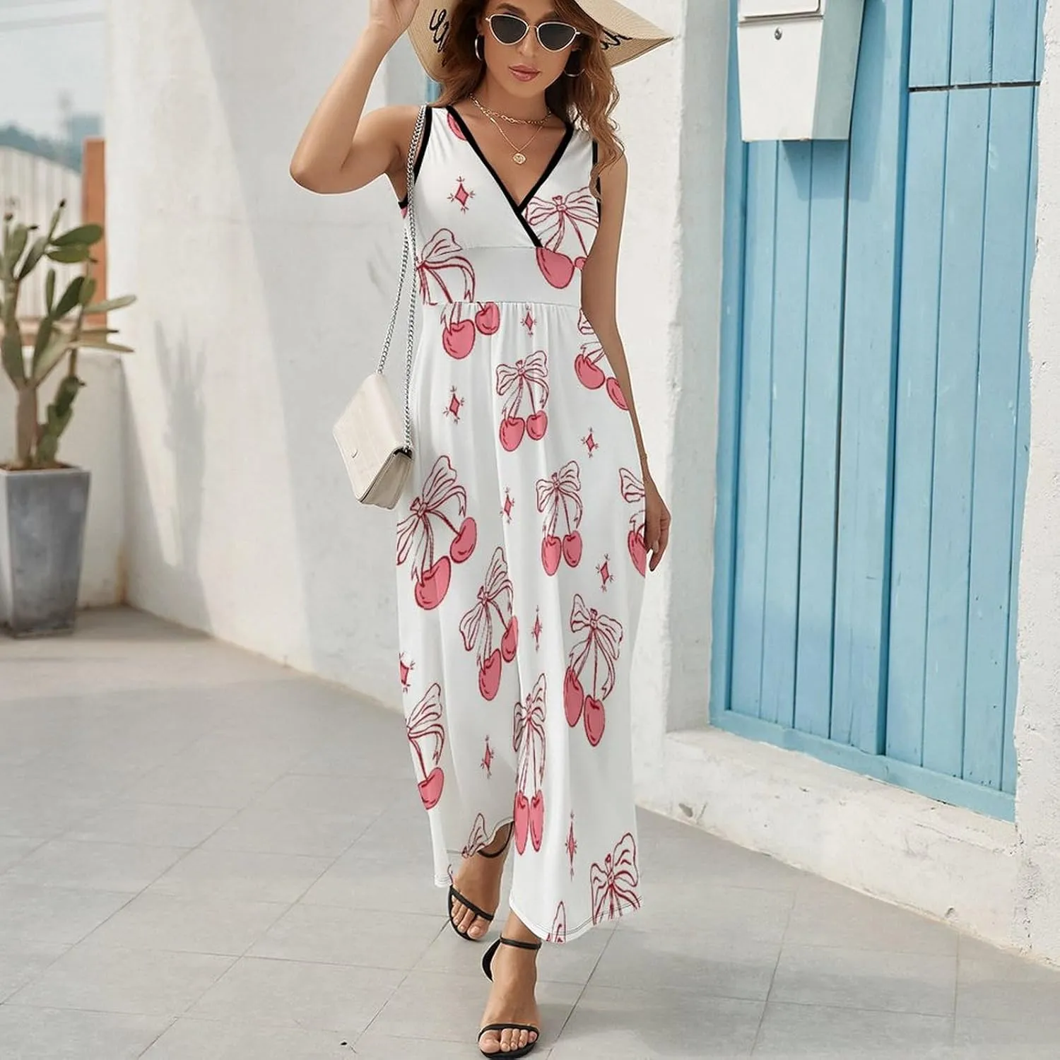Women's Maxi Long Dress Cherry Hearts and Bows Casual Sleeveless Summer Beach Dress