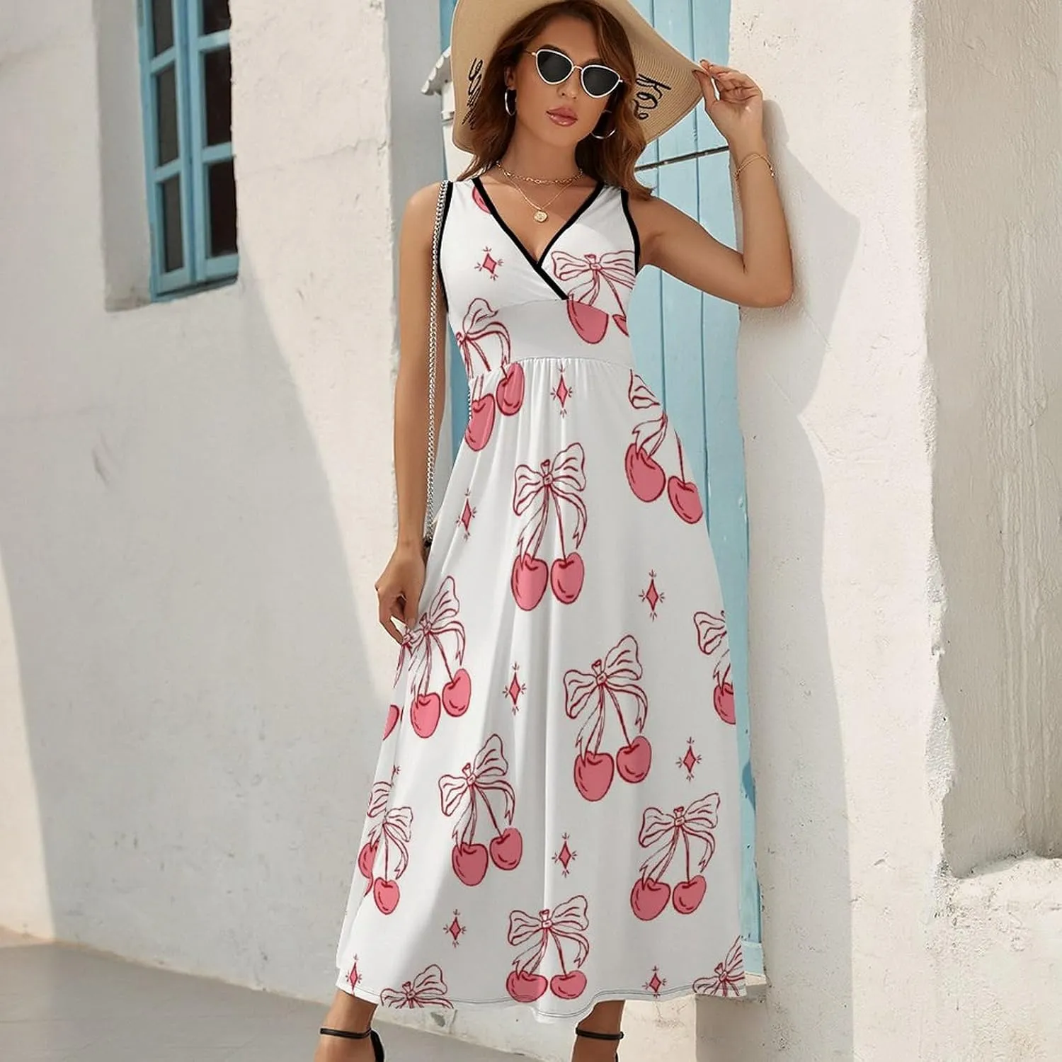 Women's Maxi Long Dress Cherry Hearts and Bows Casual Sleeveless Summer Beach Dress