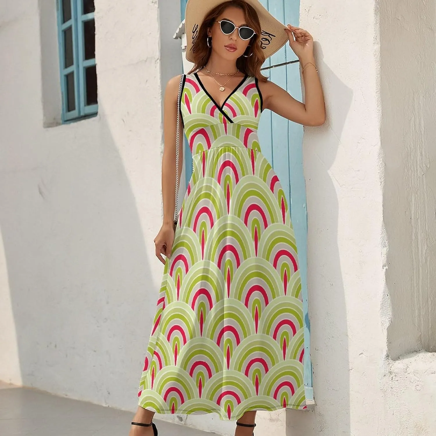 Women's Maxi Long Dress Colorful Snake Skin Scales Casual Sleeveless Summer Beach Dress