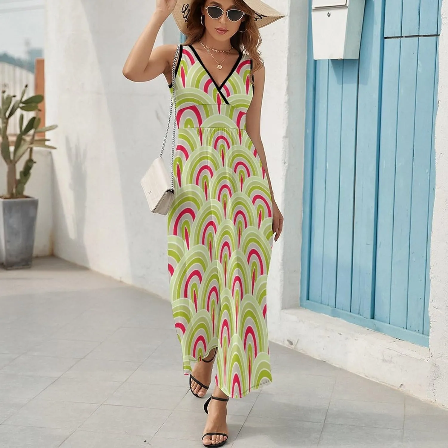 Women's Maxi Long Dress Colorful Snake Skin Scales Casual Sleeveless Summer Beach Dress