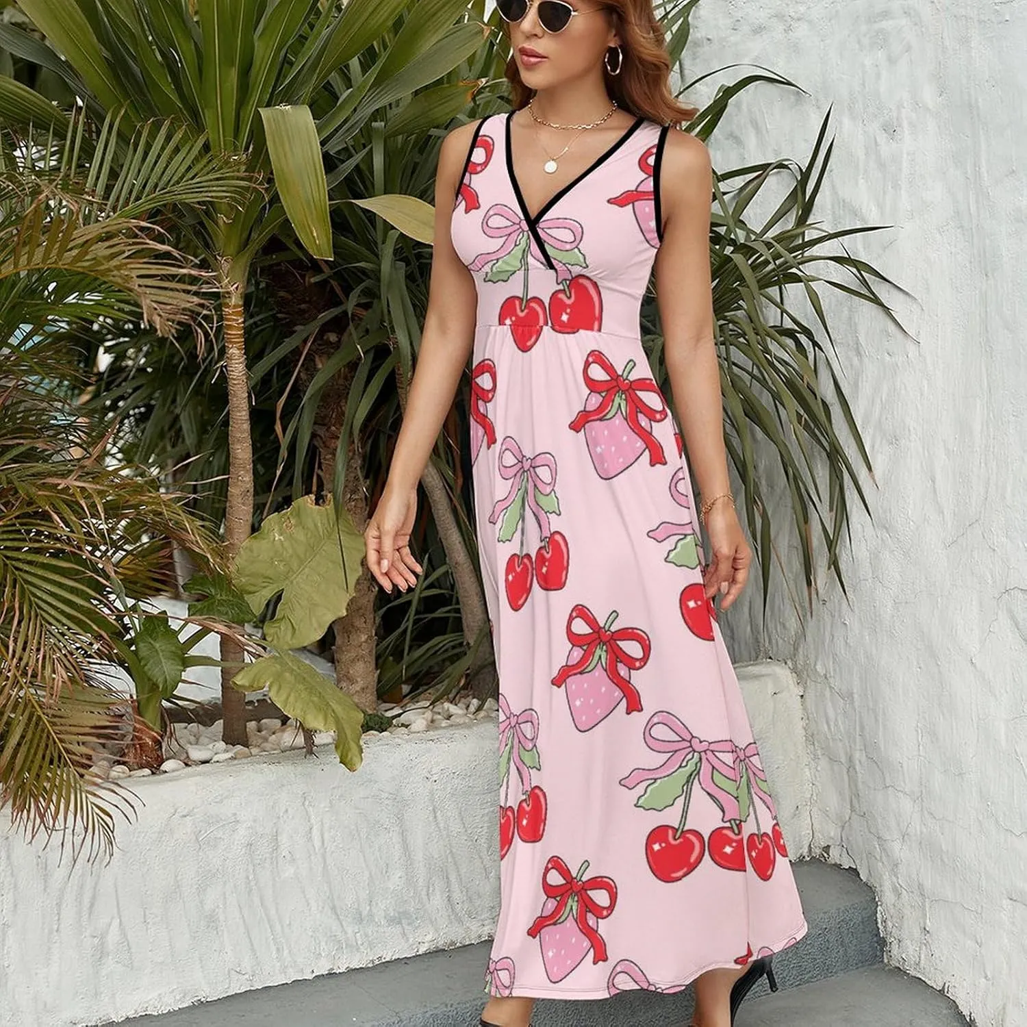 Women's Maxi Long Dress Coquette Bow Cherry Casual Sleeveless Summer Beach Dress
