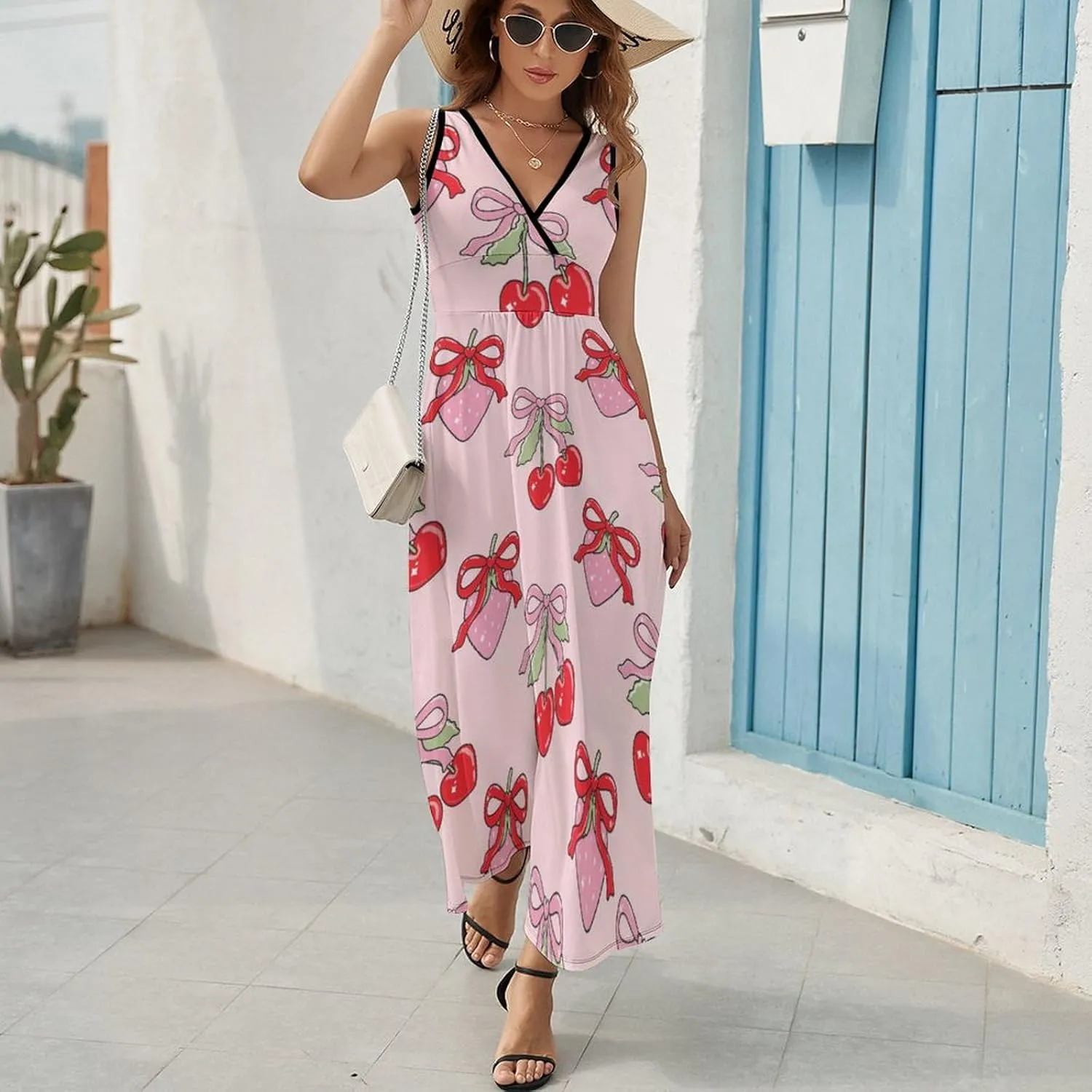 Women's Maxi Long Dress Coquette Bow Cherry Casual Sleeveless Summer Beach Dress