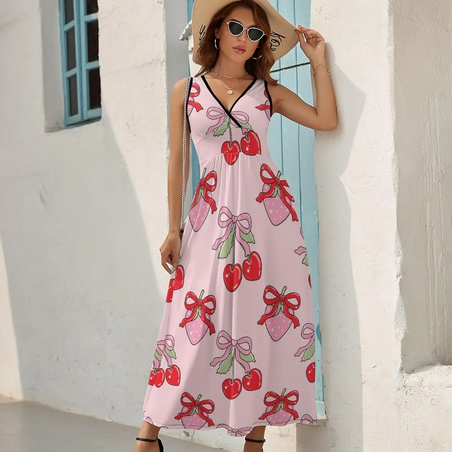 Women's Maxi Long Dress Coquette Bow Cherry Casual Sleeveless Summer Beach Dress