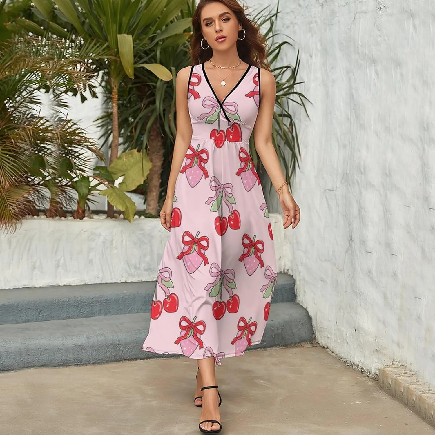 Women's Maxi Long Dress Coquette Bow Cherry Casual Sleeveless Summer Beach Dress