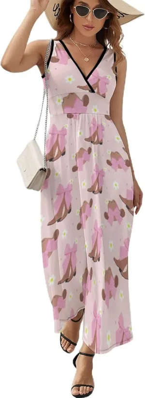 Women's Maxi Long Dress Cowgirl Boots Bow Casual Sleeveless Summer Beach Dress