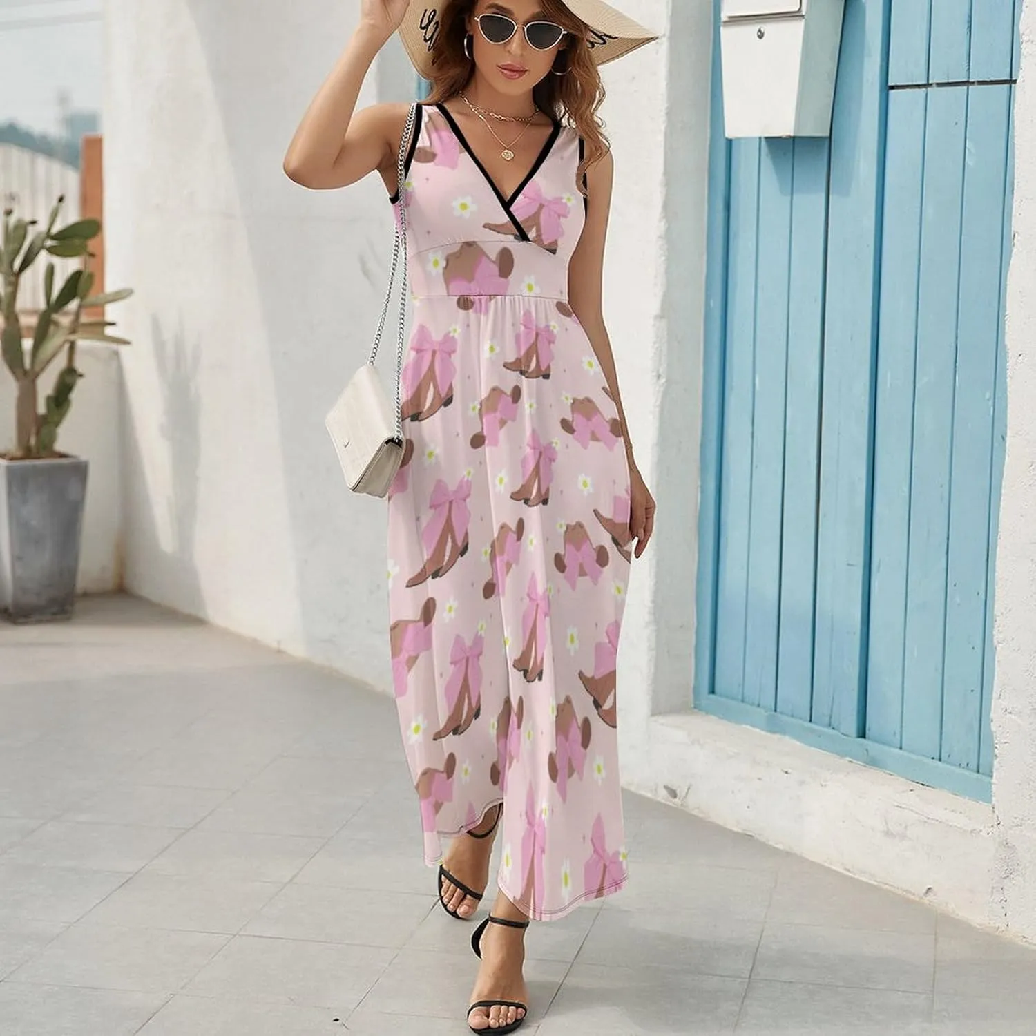 Women's Maxi Long Dress Cowgirl Boots Bow Casual Sleeveless Summer Beach Dress