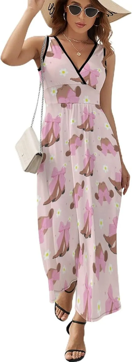 Women's Maxi Long Dress Cowgirl Boots Bow Casual Sleeveless Summer Beach Dress