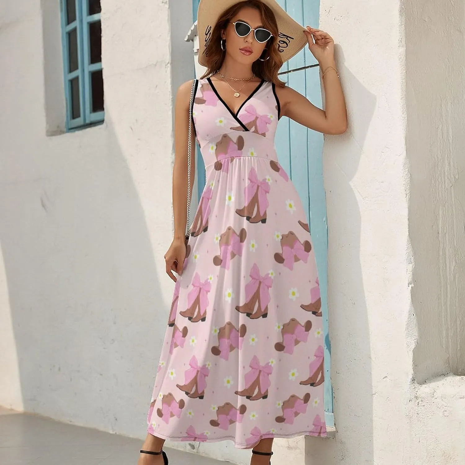 Women's Maxi Long Dress Cowgirl Boots Bow Casual Sleeveless Summer Beach Dress