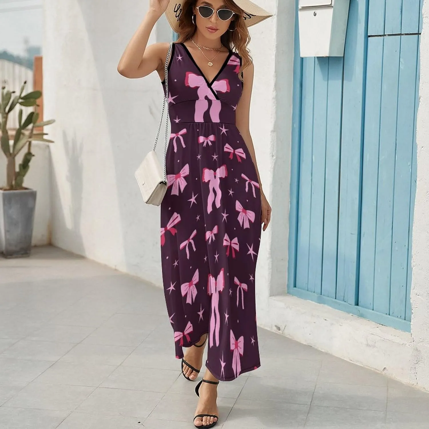 Women's Maxi Long Dress Cute Bows and Ribbons Casual Sleeveless Summer Beach Dress