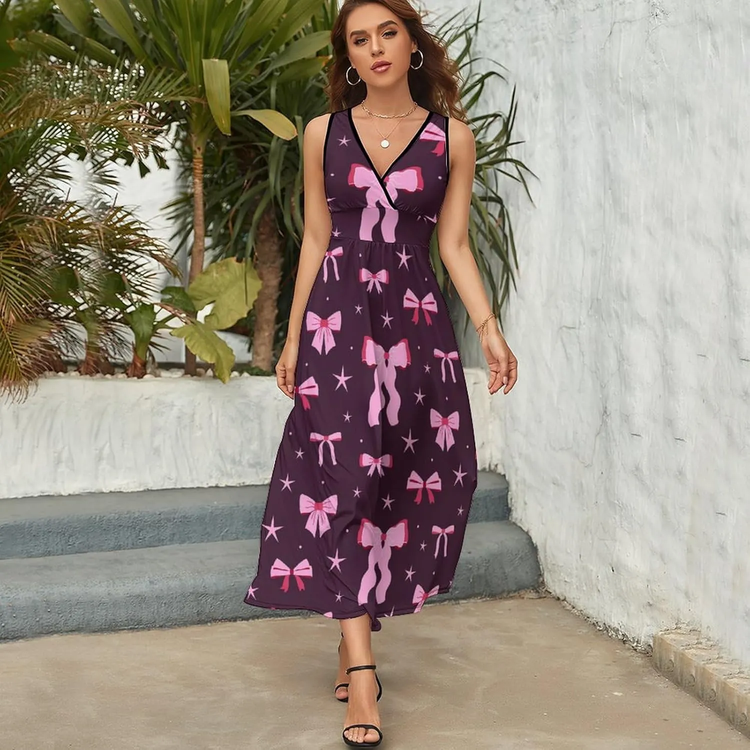 Women's Maxi Long Dress Cute Bows and Ribbons Casual Sleeveless Summer Beach Dress