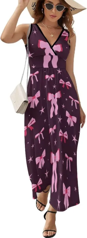 Women's Maxi Long Dress Cute Bows and Ribbons Casual Sleeveless Summer Beach Dress