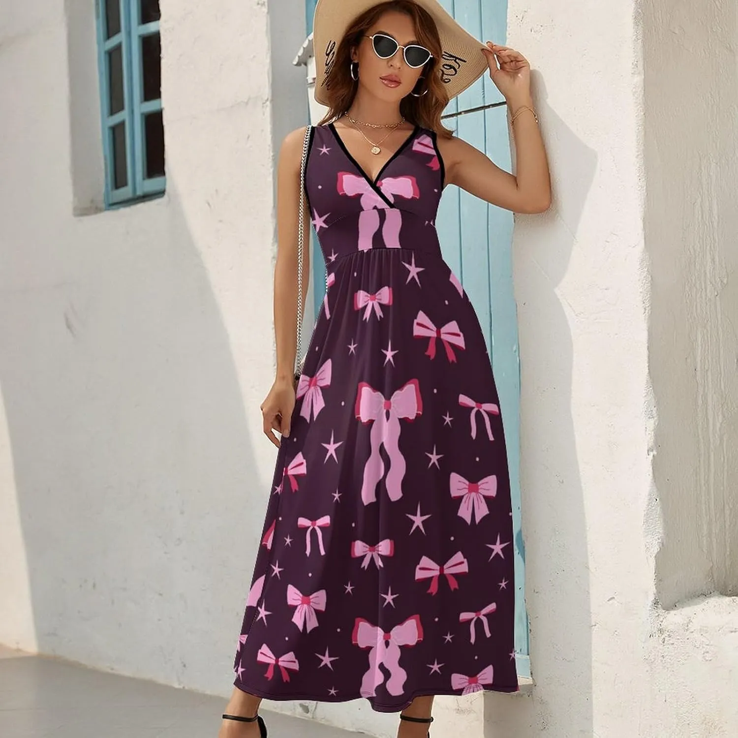 Women's Maxi Long Dress Cute Bows and Ribbons Casual Sleeveless Summer Beach Dress
