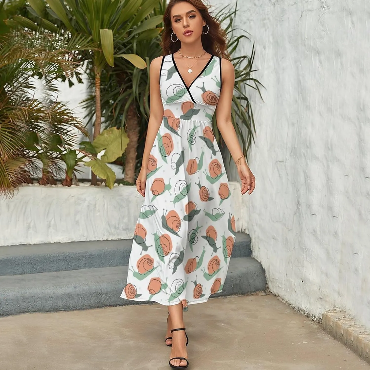 Women's Maxi Long Dress Cute Snail Silhouettes Casual Sleeveless Summer Beach Dress